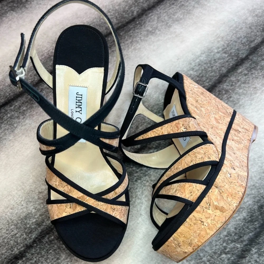 Jimmy Choo Alissa 120 mm Natural/Black Cork/Grosgrain Wedge Platform Heel Sandal